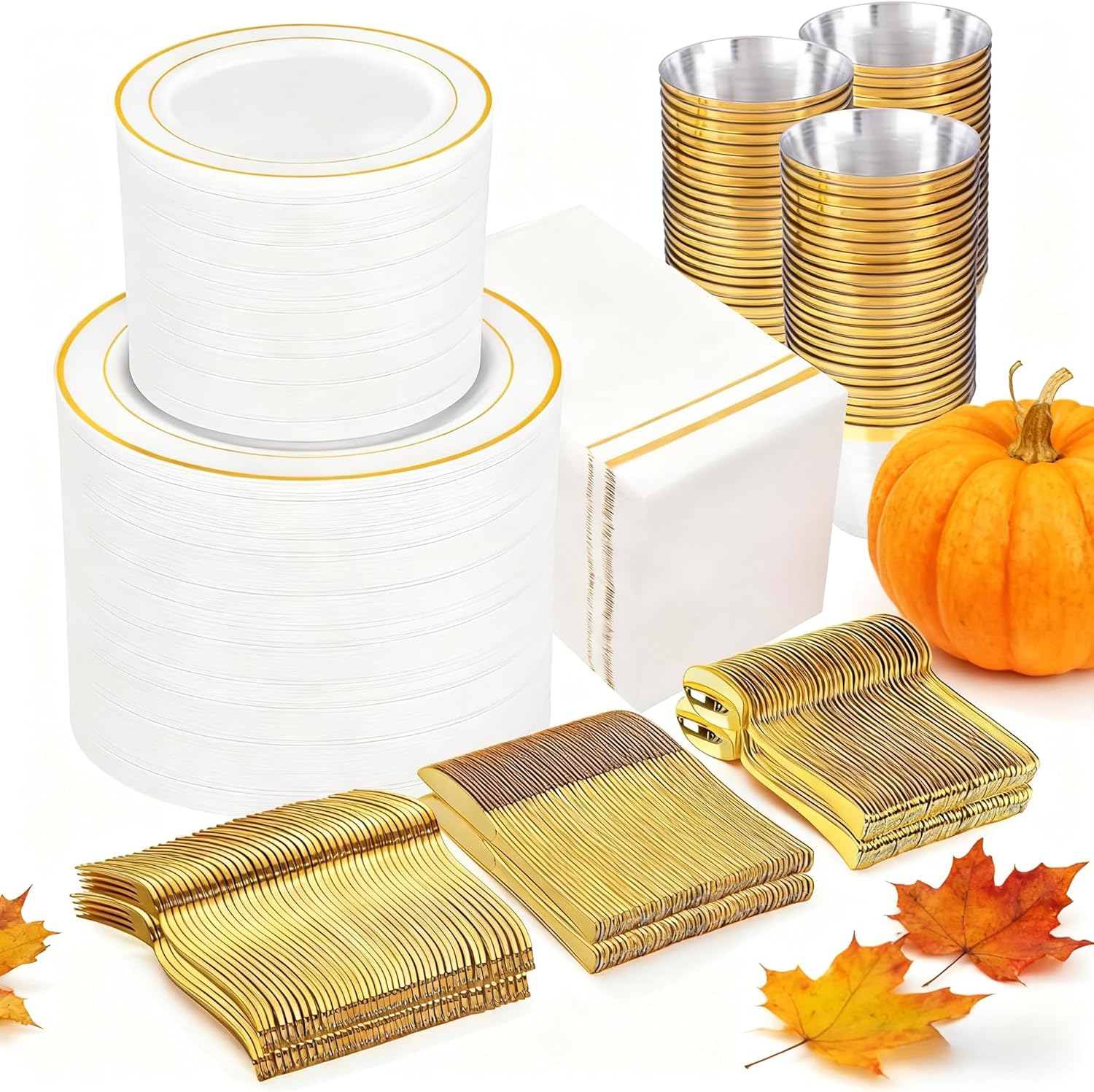 gather 700pcs gold plastic plates - whtie and gold disposable dinnerware sets 100guest - 200 disposable plate, 300 plastic silverware, 100 cups, 100 napkins for wedding & party & thanksgiving 100 guests gold