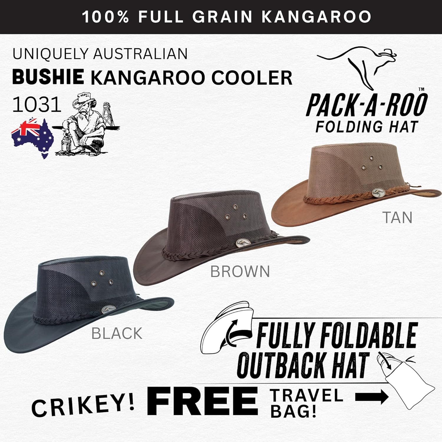 1031 Kangaroo Cooler - Australian Kangaroo Leather Cowboy Hat - Foldable, Ultra Lightweight, Durable, Mesh - Image 2