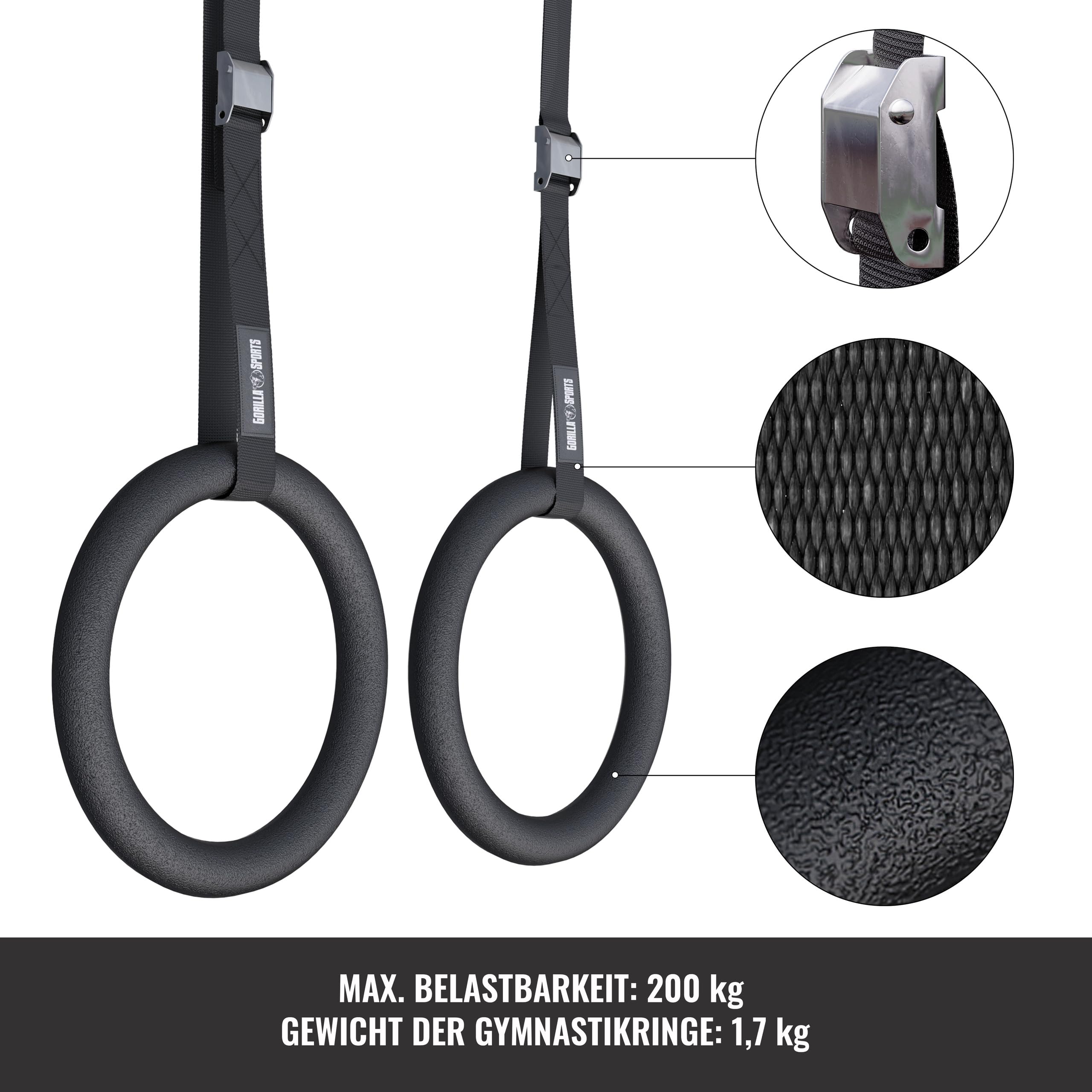 GORILLA SPORTS® Turnringe - 2X Gurte und 2X Trainingsringe 23 cm, bis 200kg Belastbar, verstellbaren Buckles Straps, Kunststoff oder Holz - Olympische Gymnastikringe, Gym Rings, Fitness Ringe, Turnen