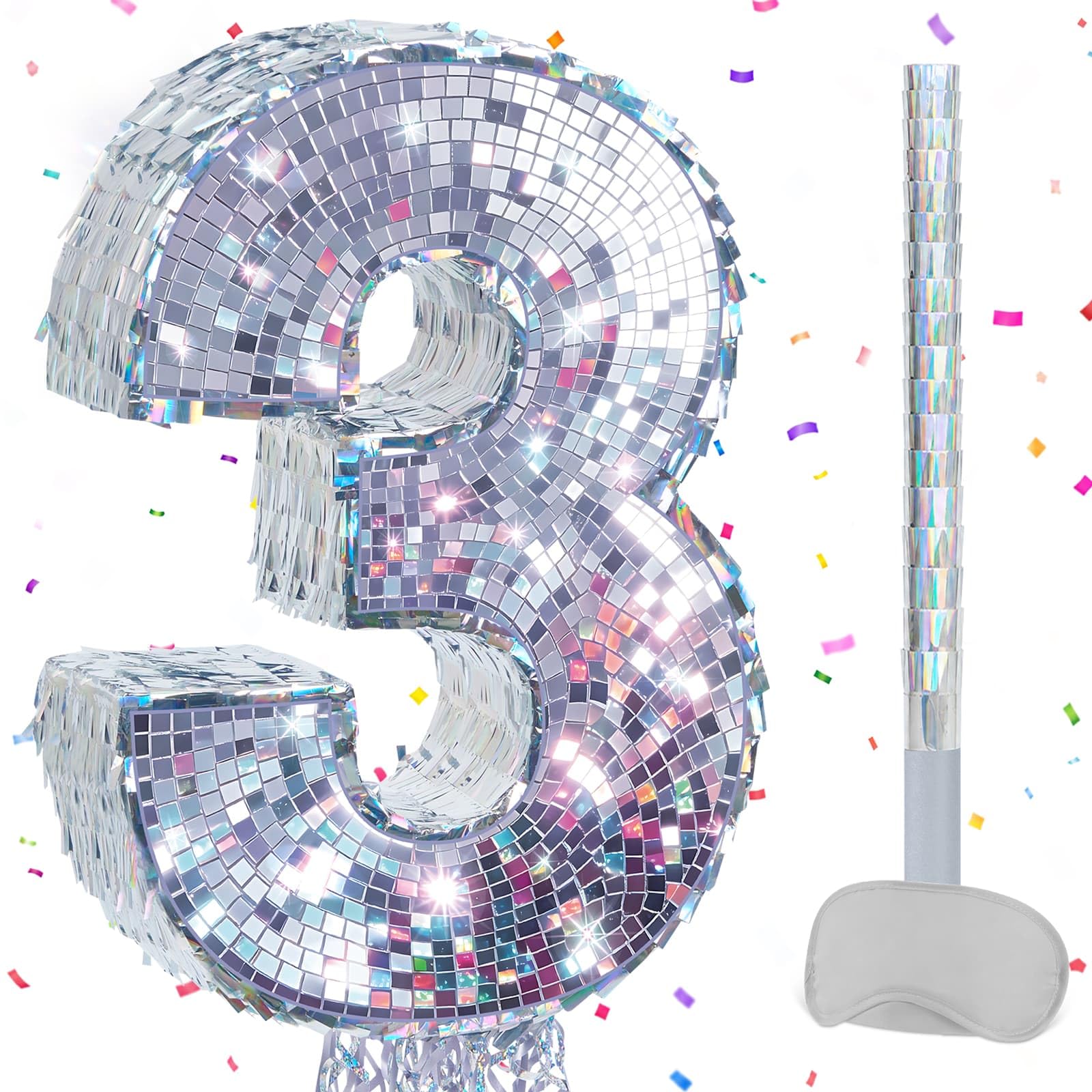 WERNNSAI Disco Number 3 Pinata Silver Third Birthday Party Decorations — image 1