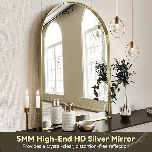 Miniatura 4 de Brightify - Espejo arqueado de 30 x 40 pulgadas, espejo dorado con marco de metal para pared, espejo de tocador superior para baño, espejo para sala