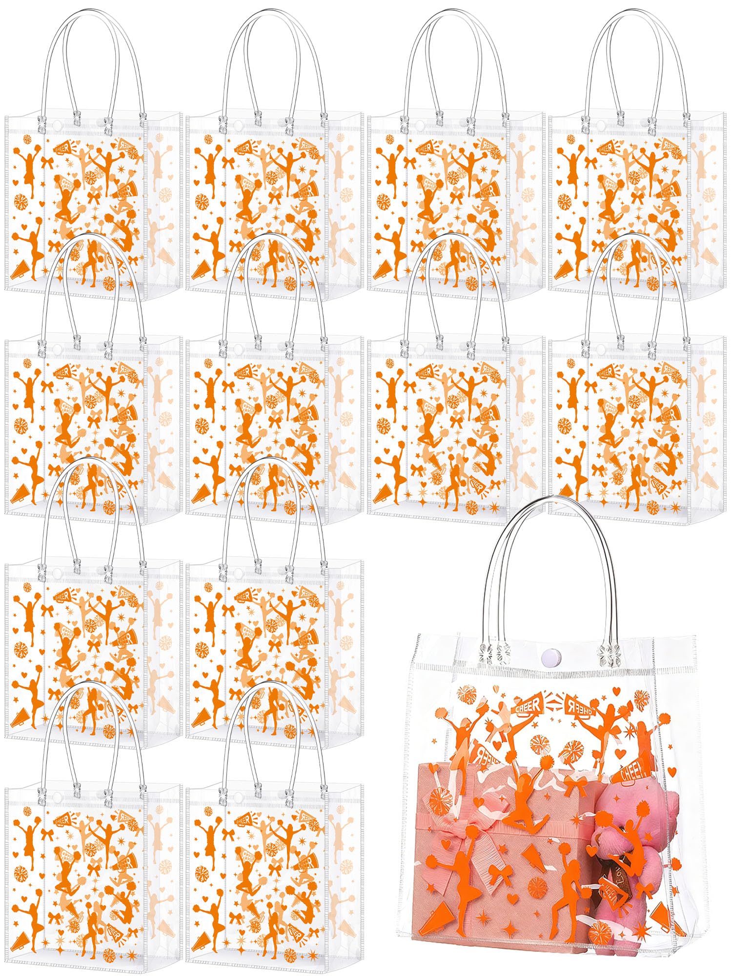 Sweetude 24 Pcs Cheer Clear Treat Bags with Handles for Cheer Team Cheerleader Gift Bag Bulk Cheerleader Party Supplies (Orange)