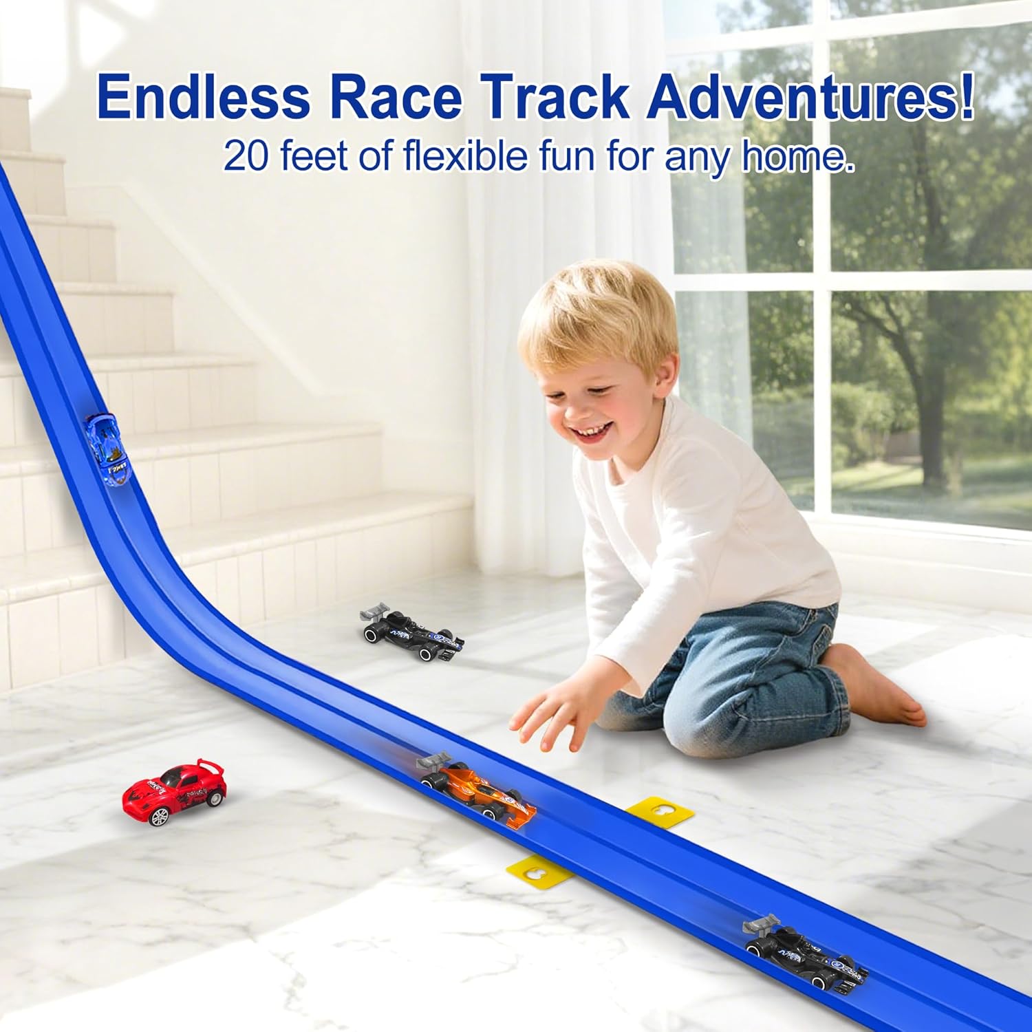 Flexible Race Track for Kids Starter Set - 20FT Flex Race Car Ramp Track with Strong Suction Cups, Rolls Up Portable DIY Racetrack Compatible with Hot Wheels & Diecast 1/64th Cars Blue