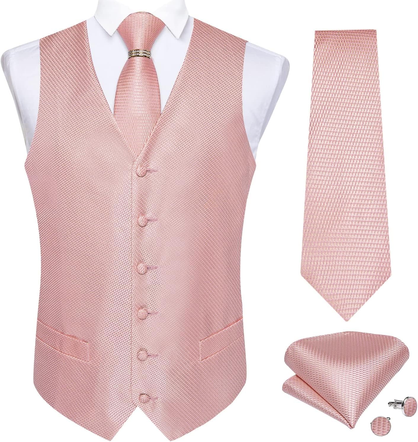 DiBanGu Men's Suit Vest Formal Men Paisley Vest Jacquard Tie Waistcoat Hanky Set With Tie Ring Wedding Party 5PCS - Image 2