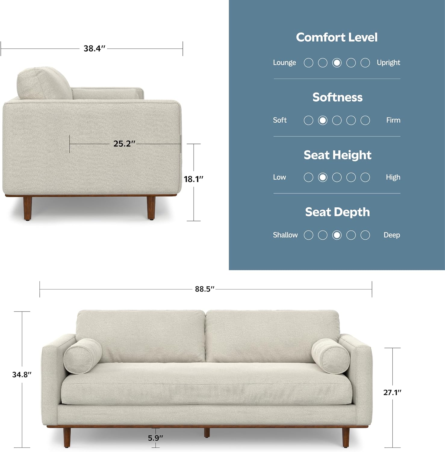 SIMPLIHOME Morrison 89-inch Wide Sofa in Cream White Woven-Blend Fabric, Handcrafted Mid-Century Modern Couch for Living Room or Family Room, Single Bench Cushion, Bolster Pillows