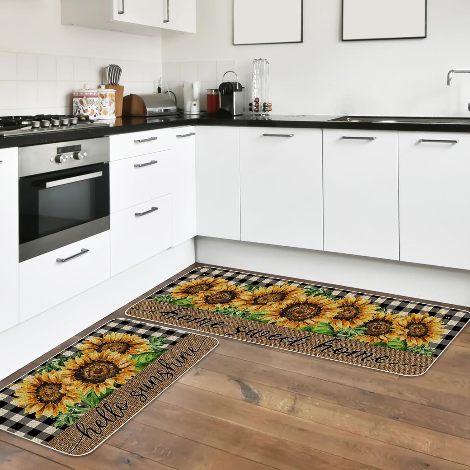 JarThenaAMCS Summer Kitchen Mats Set of 2, Sunflower Plaids Kitchen Floor Mat Non-Slip Decorative Bathroom Rugs for Indoor Outdoor Home Office Decor, 17 x 29 Inch & 17 x 47 Inch