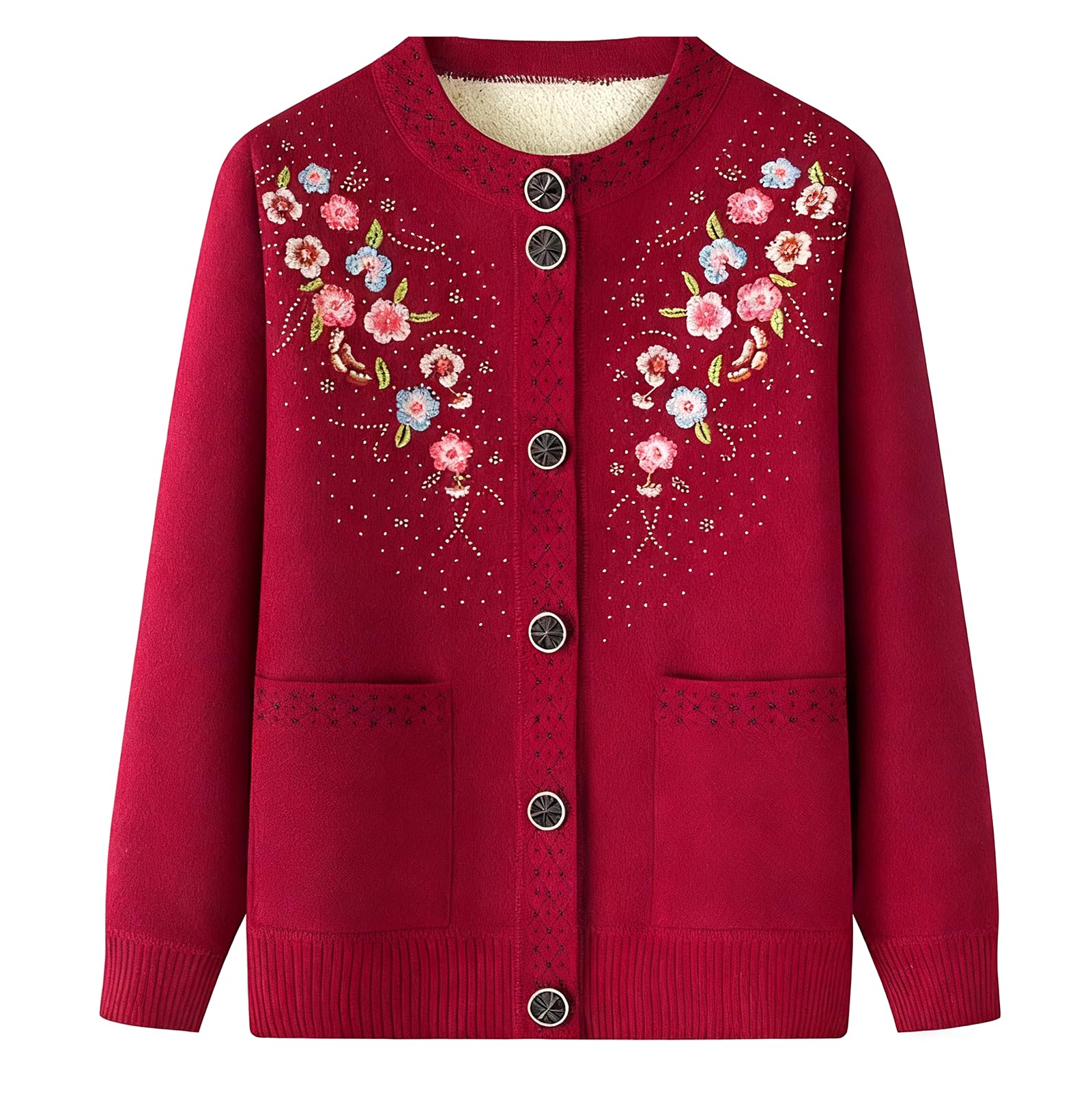 Embroidered Lapel Sweater Older People Loose Crewneck Knit Velvet Cardigan for Women Winter Grandma Sweater
