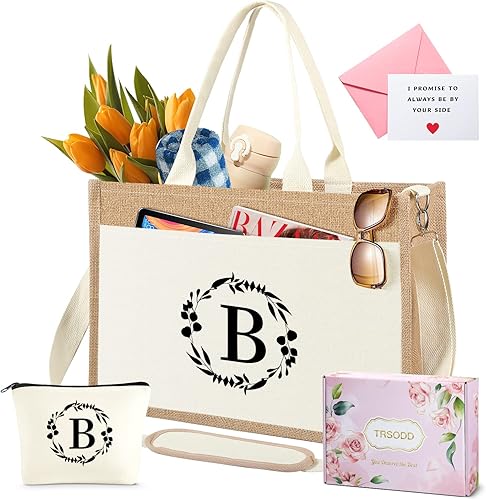 Miniatura 8 de Bolsa de paja de yute para mujer, bolsa de playa con iniciales florales con bolsa de maquillaje, amiga personalizada para 40 cumpleaños, parejas,