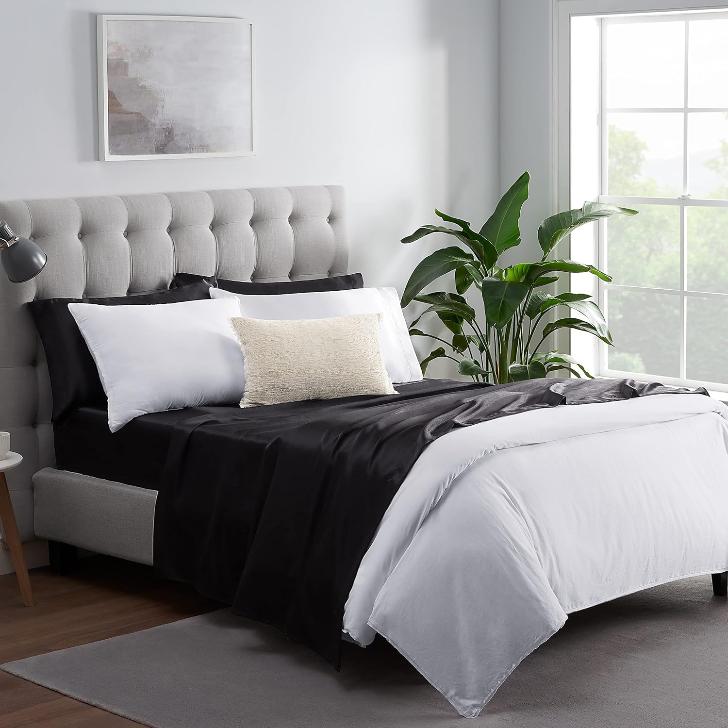 SERTA SatinLuxury 4pc Soft Lightweight Deep Pocket Bedding Silky Satin Sheet Set with Pillowcases, Queen, Black : Home & Kitchen