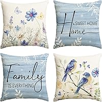 AVOIN colorlife Spring Flowers Butterfly Bird Throw Pillow Covers Set of 4, 18x18 Inch Blue Home Sweet Home Cushion Cases for Sofa Couch
