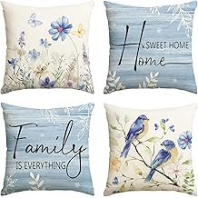 AVOIN colorlife Spring Saying Flowers Butterfly Bird Throw Pillow Covers, 18 x 18 Inch Home Sweet Home Blue Cushion Case for Sofa Couch Set of 4