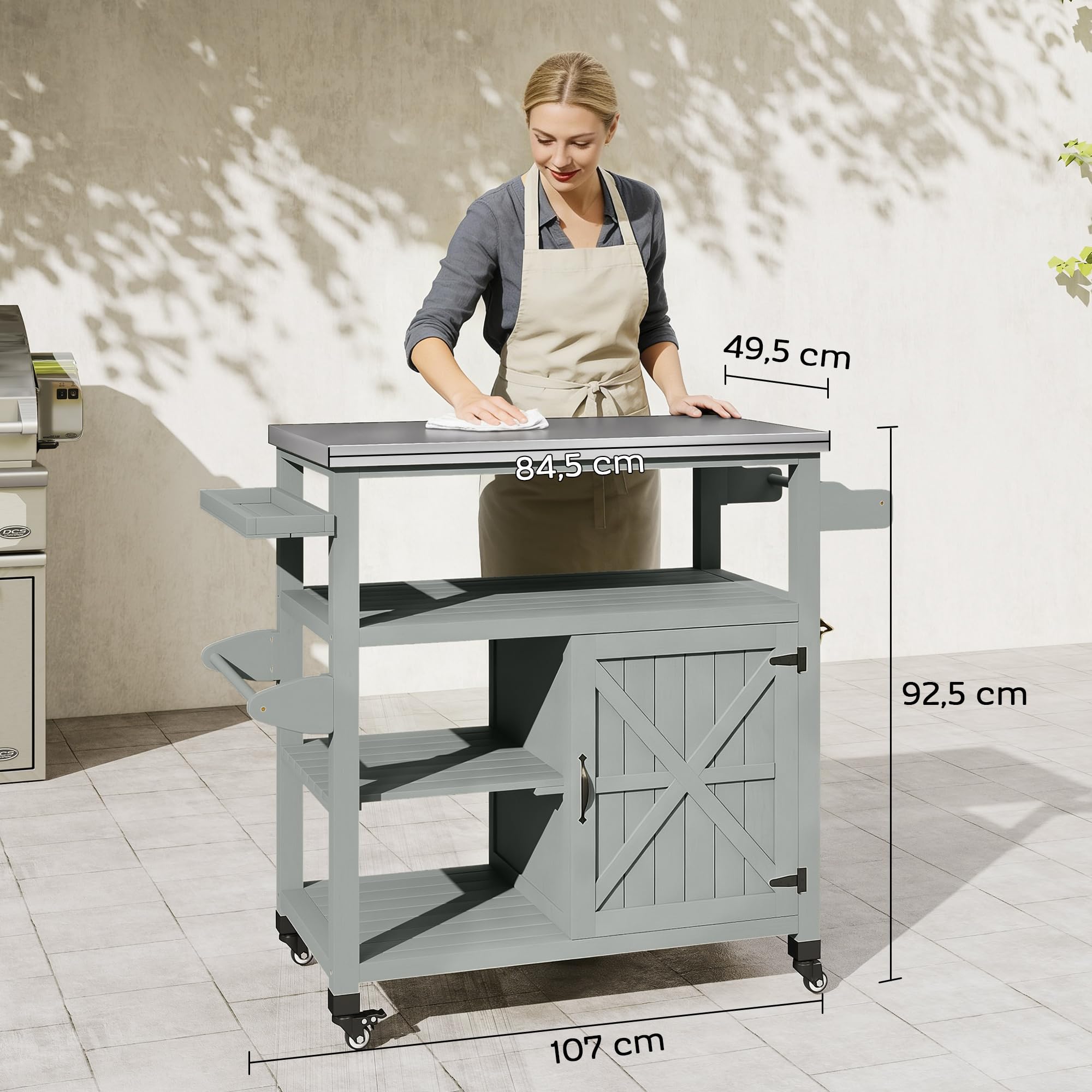 Outsunny Desserte Jardin Chariot de Barbecue sur roulettes îlot de Cuisine en Bois Plateau en Acier Inoxydable Placard étagères Ouvertes Porte-épices Porte-Serviettes décapsuleur 107x49,5x92,5cm Gris