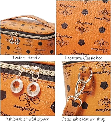 Miniatura 4 de LACATTURA Bolsa de maquillaje de viaje para mujer, bolsa de cosméticos de cuero, Marrón-M, Classic