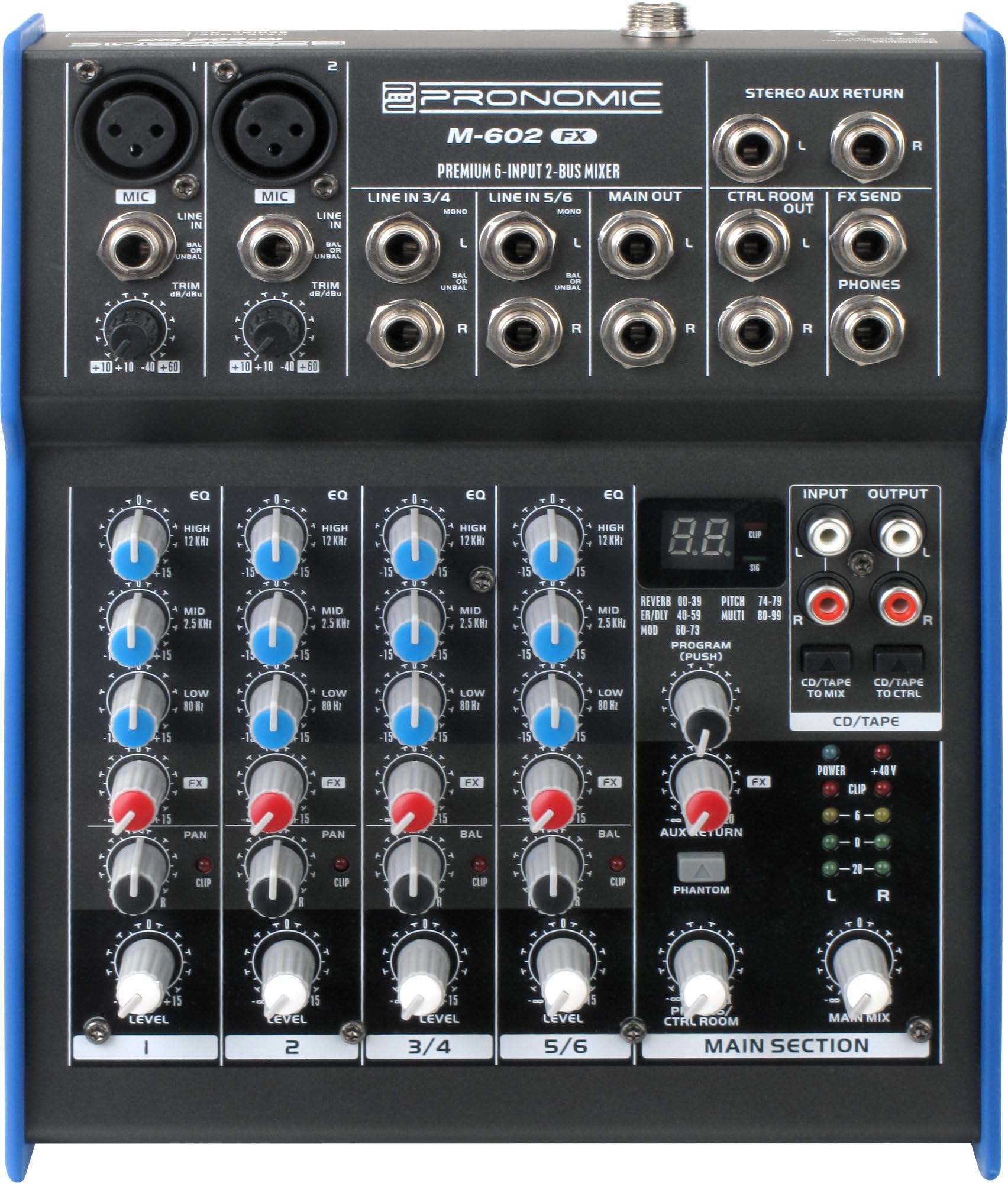 Pronomic M-602FX 6-Kanal Mischpult mit 100 Effekten, 2 XLR und 48 V | 24-Bit Effektprozessor, 100 Programme, 2 Mono-Kanäle, 2 Stereo-Kanäle, 3-Band EQ, FX-Send, Netzteil
