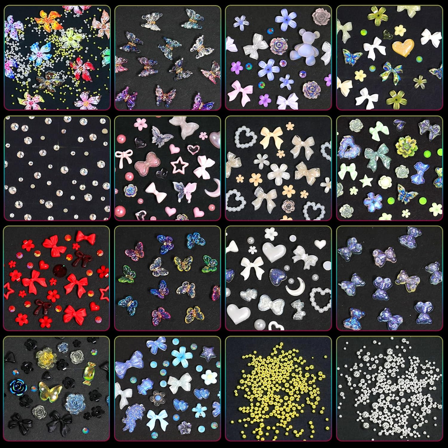 Nail Art Charms - 3D Flower Charms & Manicure Beads, Color Bow, Half Round Pearls, Flatback Rhinestones, Butterfly Nail Art Charms, with Kit, for Nail Art Supplies DIY Accessories