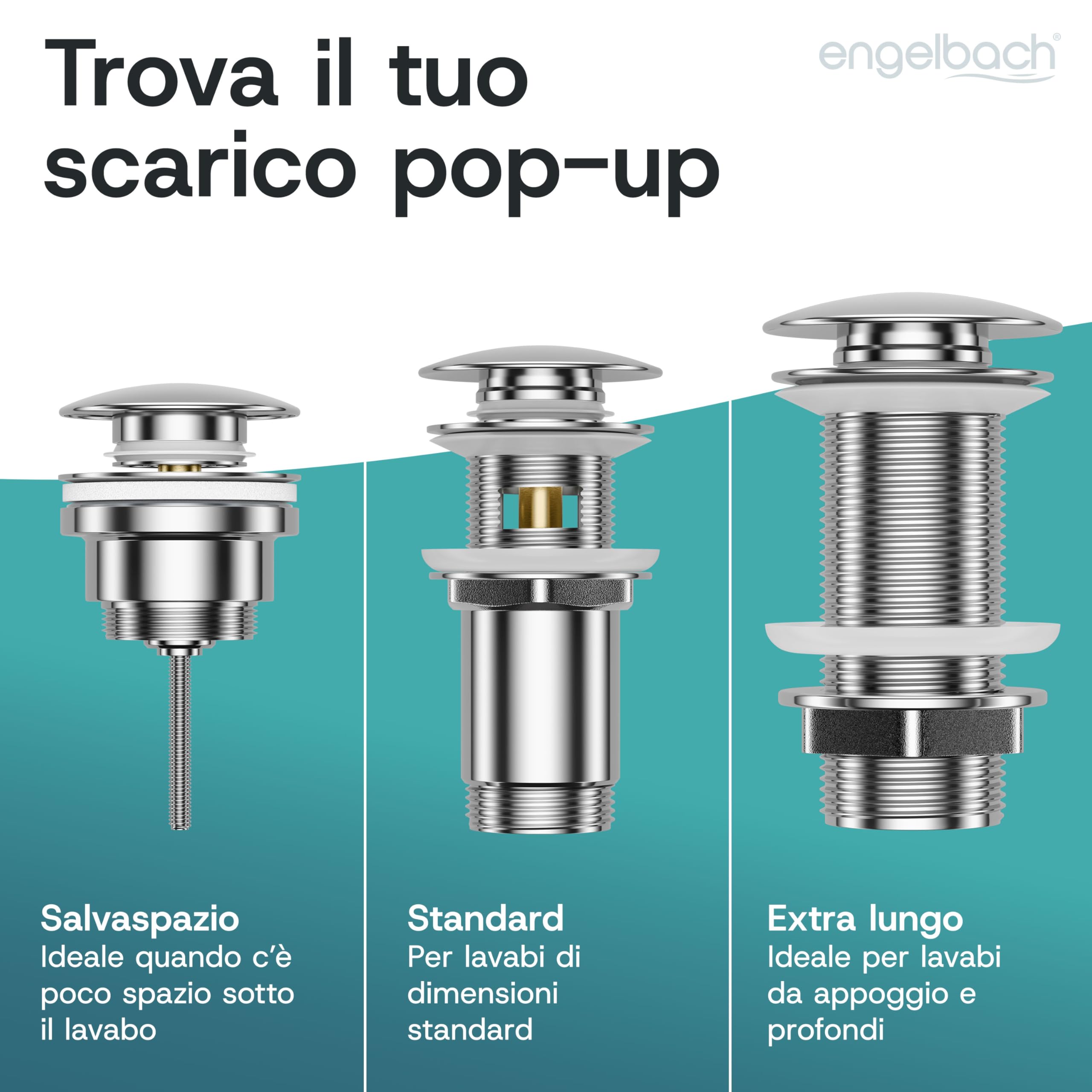 Engelbach® Piletta lavabo con troppopieno – Scarico Click Clack con 3 guarnizioni – Valvola di scarico universale per lavabi da bagno