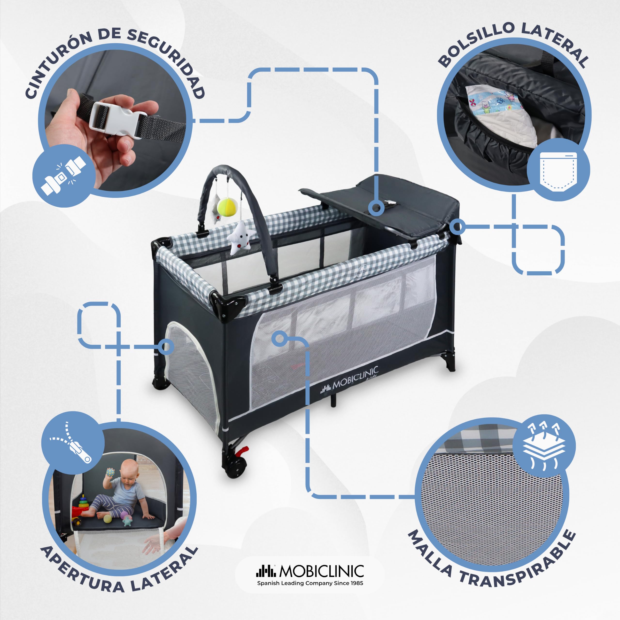 Mobiclinic®, Cuna de Viaje 3 en 1, Parque Infantil, Cambiador Bebe, Plegable, Entrada Lateral, Bolsa Transporte, MAX. 15 kg, Ruedas con Freno, Caelum, Tela Transpirable, Bolsillo almacenaje