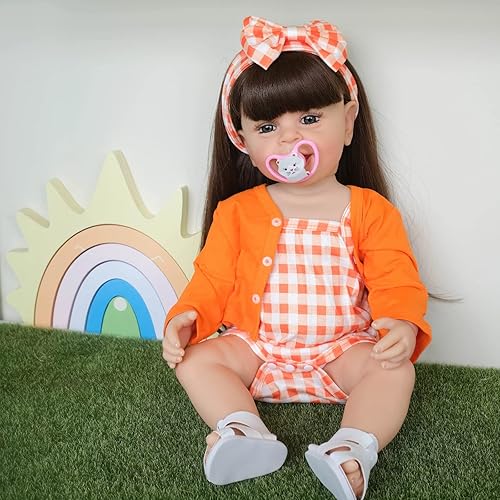 Miniatura 6 de TERABITHIA Muñeca de bebé Reborn de 22 pulgadas de pelo rizado con raíces en cuerpo completo de silicona con aspecto realista de vinilo de silicona