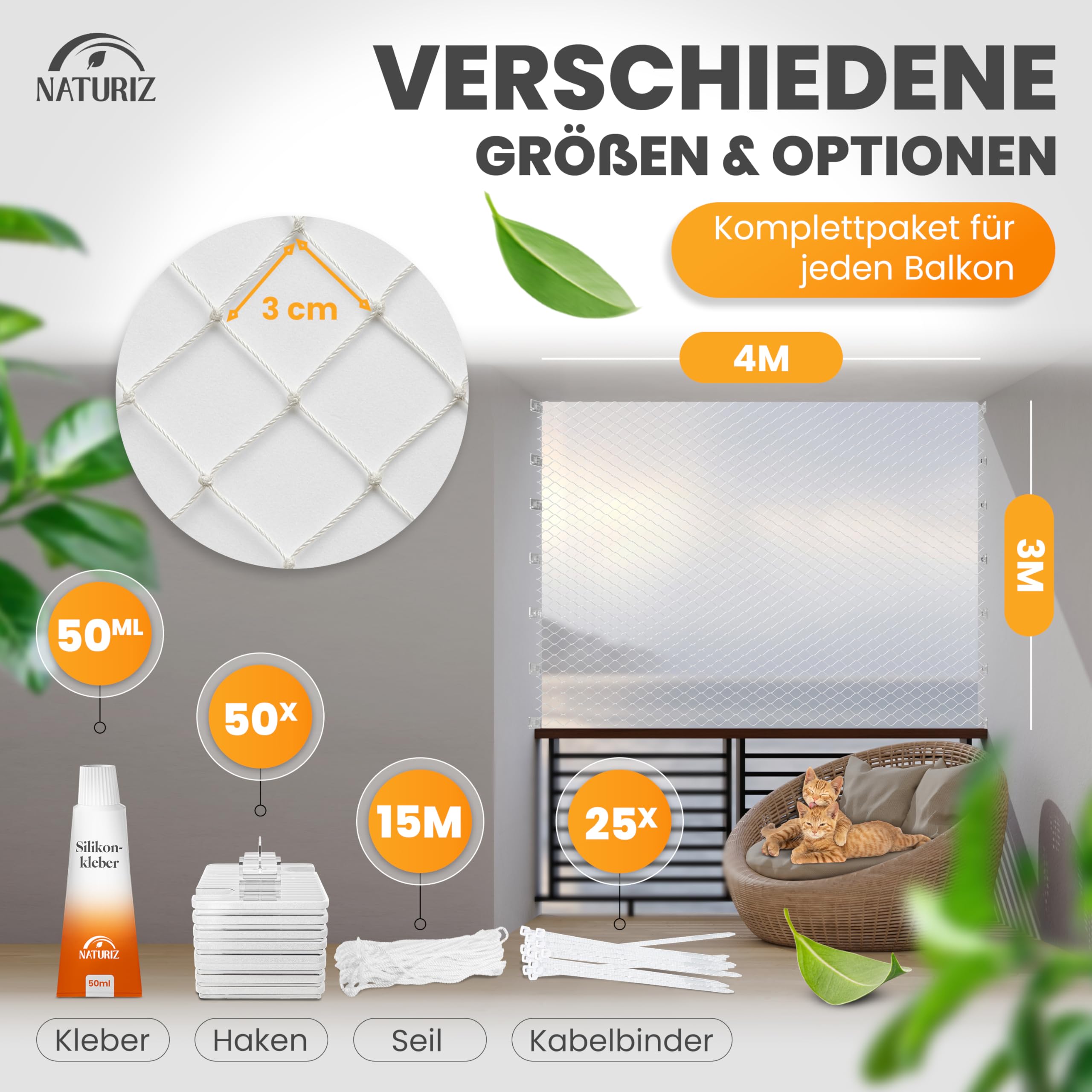 Naturiz® Katzennetz für Balkon ohne Bohren 3x4m - Katzennetz drahtverstärkt transparent/weiß, Katzengitter inkl. Klebehaken – Katzenschutznetz für Balkon & Fenster, Balkonnetz für Katzen (3x4m)