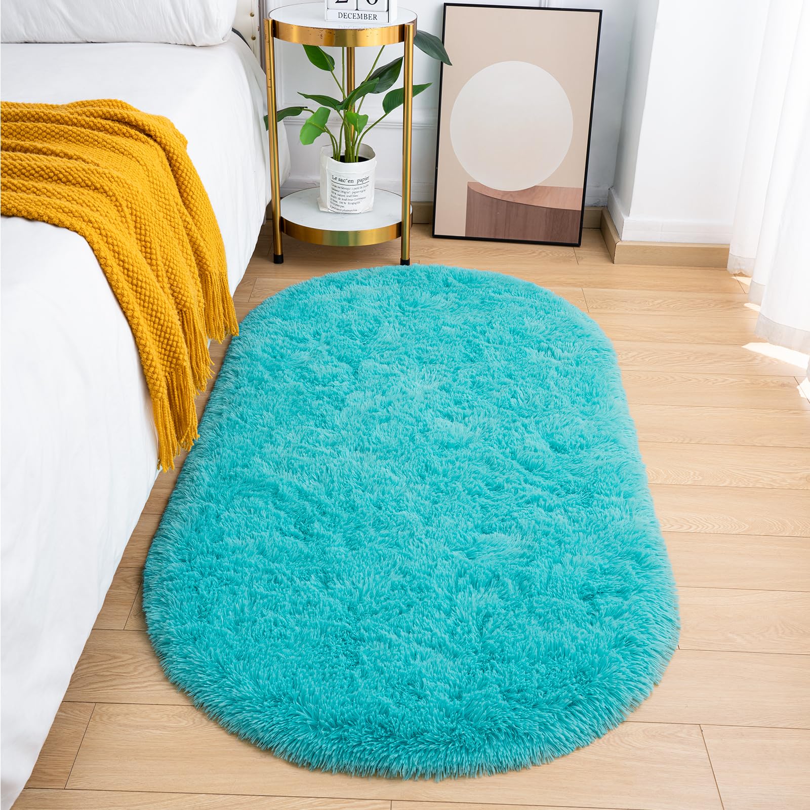 Goideal Fluffy Bedroom Rug, Small Oval Area Rugs, Teal Shag Bedside Carpet for Kids Room Nursery Dorm Cute Fuzzy Indoor Decor for Boy and Girl, 2.6 x