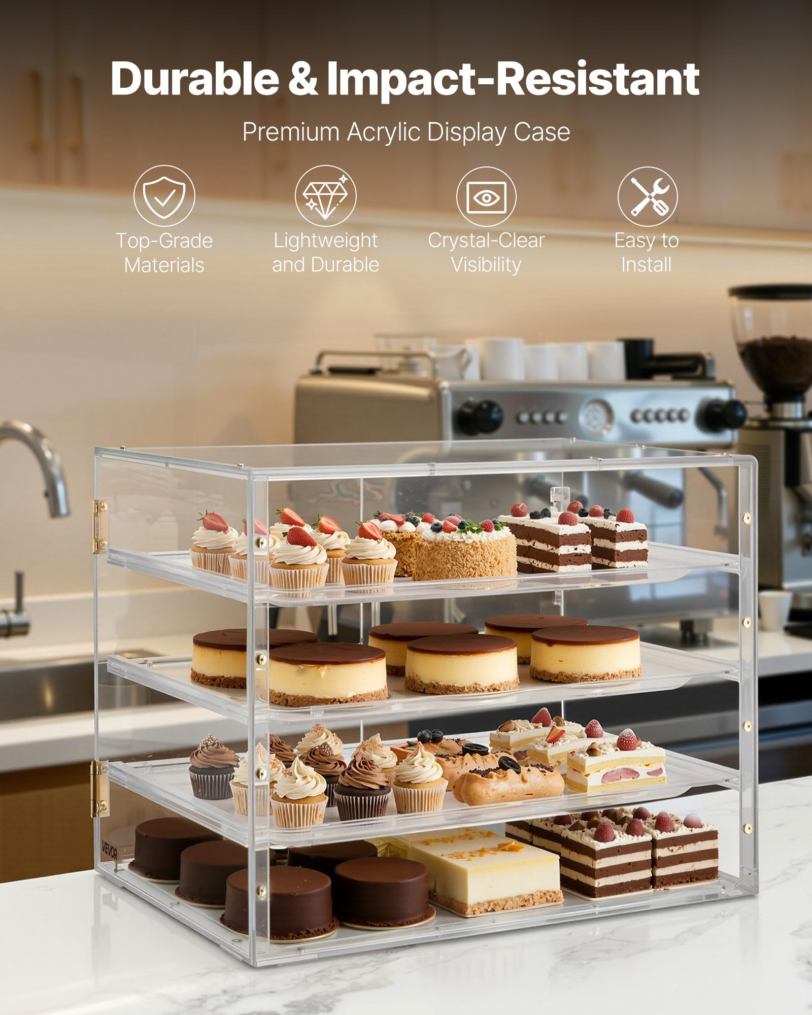VEVOR Vetrina per Pasticceria da Banco, Espositore Vetrina per Pasticceria Commerciale a 4 Ripiani, Portapane in Acrilico Trasparente per Cucina Torte con Porta Posteriore Magnetica per Biscotti