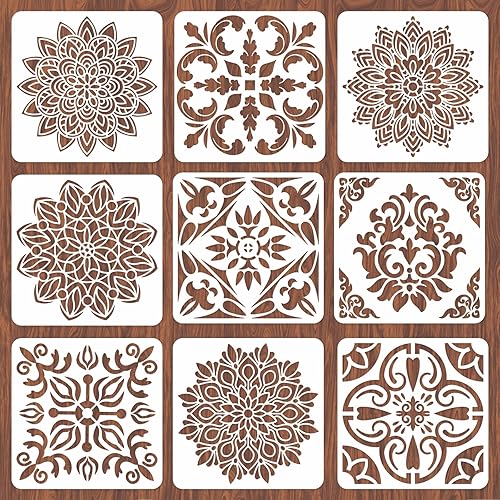 Plantillas de pared de mandala para pintar paredes reutilizables de azulejos, plantillas de piso de concreto de 12 x 12 pulgadas para pintar patio,