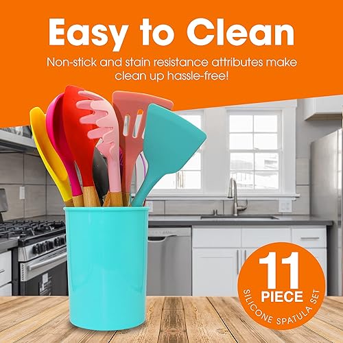 Miniatura 4 de Cheer Collection Juego de espátulas de silicona de 12 piezas con asas de madera, utensilios de silicona antiadherentes para cocinar, multicolor