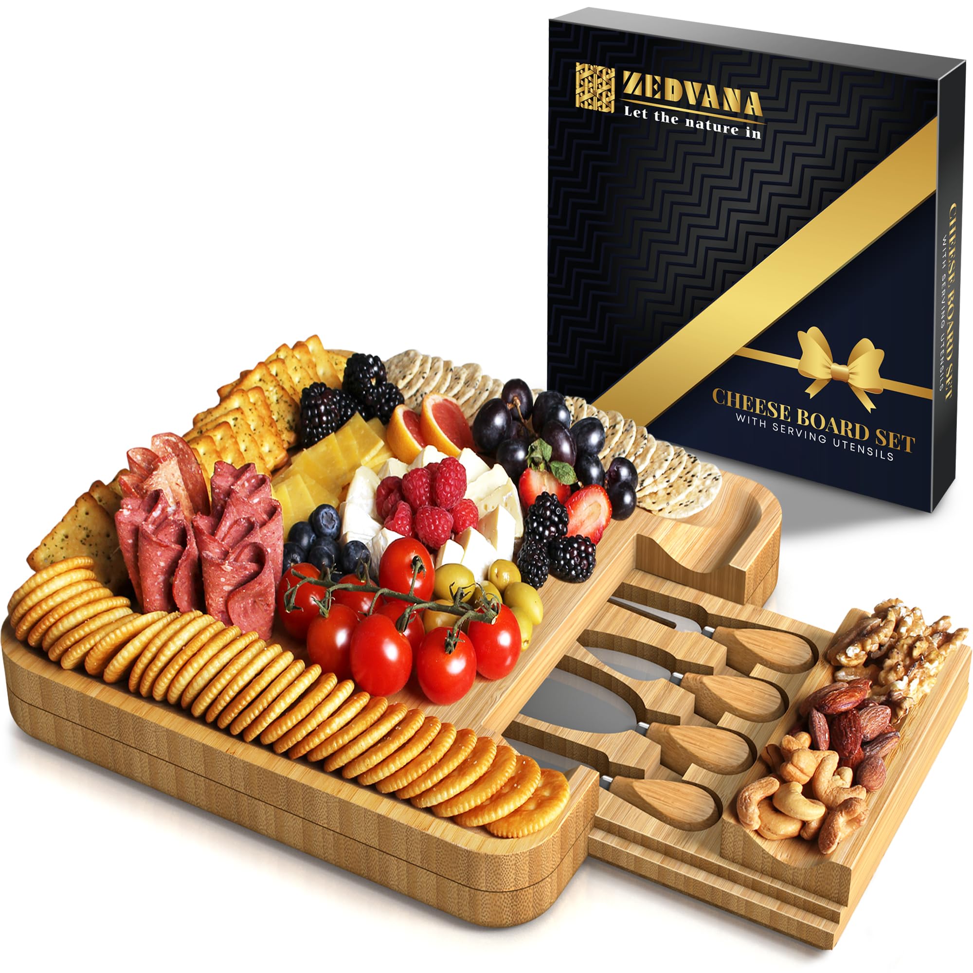 Cheese Board Gift Set with 4 Piece Knives, Charcuterie Boards, Cheese Platter for Women, House Warming & Wedding Gifts