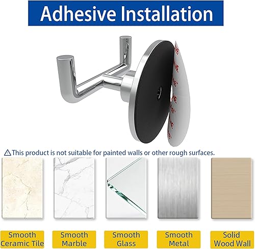 Miniatura 5 de Ruacq Gancho doble adhesivo para toallas, base redonda cromada, bata de baño, soporte para toallas de mano, acero inoxidable y aleación de zinc,