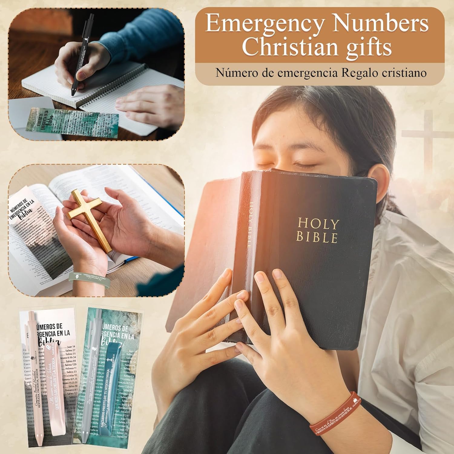 100 Pcs Christian Gifts Bulk Valentines Bible Verses Bookmarks Silicone Scripture Bracelets and Religious Pens Church Welcome Gifts for Women Men Pastor(Elegant,Spanish) - Image 6