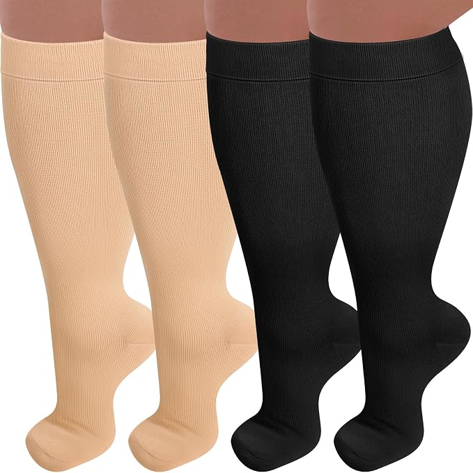 3 Pairs Plus Size Compression Socks Wide Calf For Women & Men 20-30 Mmhg - Large Size Knee High Support Stockings For Medical