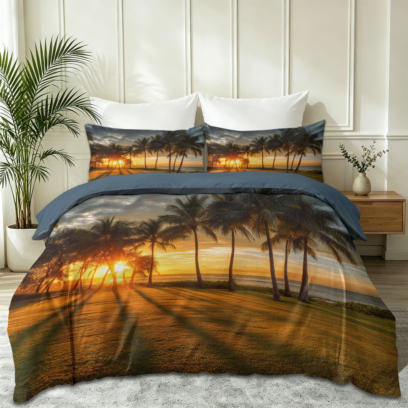 Miękki, lekki tropikalny zestaw pościeli z mikrofibry, złota plaża, zachód słońca, lekki cień drzewa kokosowe, poszewka na kołdrę, 230 x 220 cm, na wszystkie pory roku, nie wymaga prasowania, z 2