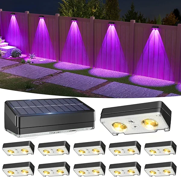 VOLISUN Solar Fence Lights 12 Pack, Warm White, Cool White and RGB Color Glow LED Solar Lights, IP65 Waterproof Fence Solar Lights Outdoor for Patio, Backyard, Railing, Deck, Fence and Wall(Black)