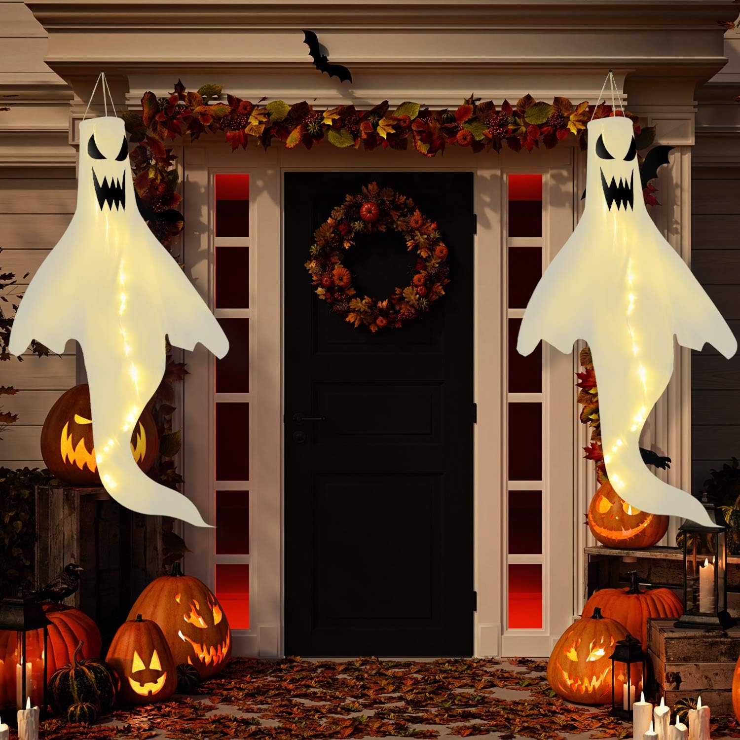 Halloween Ghost Shape Windsock Flag with Warm White LED Lights, Halloween Outdoor Hanging Decor for Yard Garden Patio Pathway Party Decoration