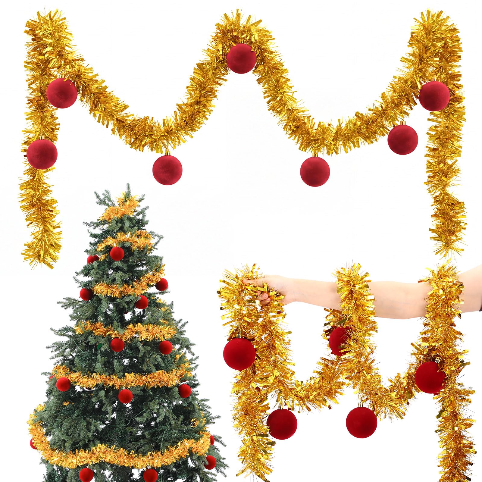 Thiccywoov Guirnalda de oropel de Navidad de 30 pies con 24 adornos de