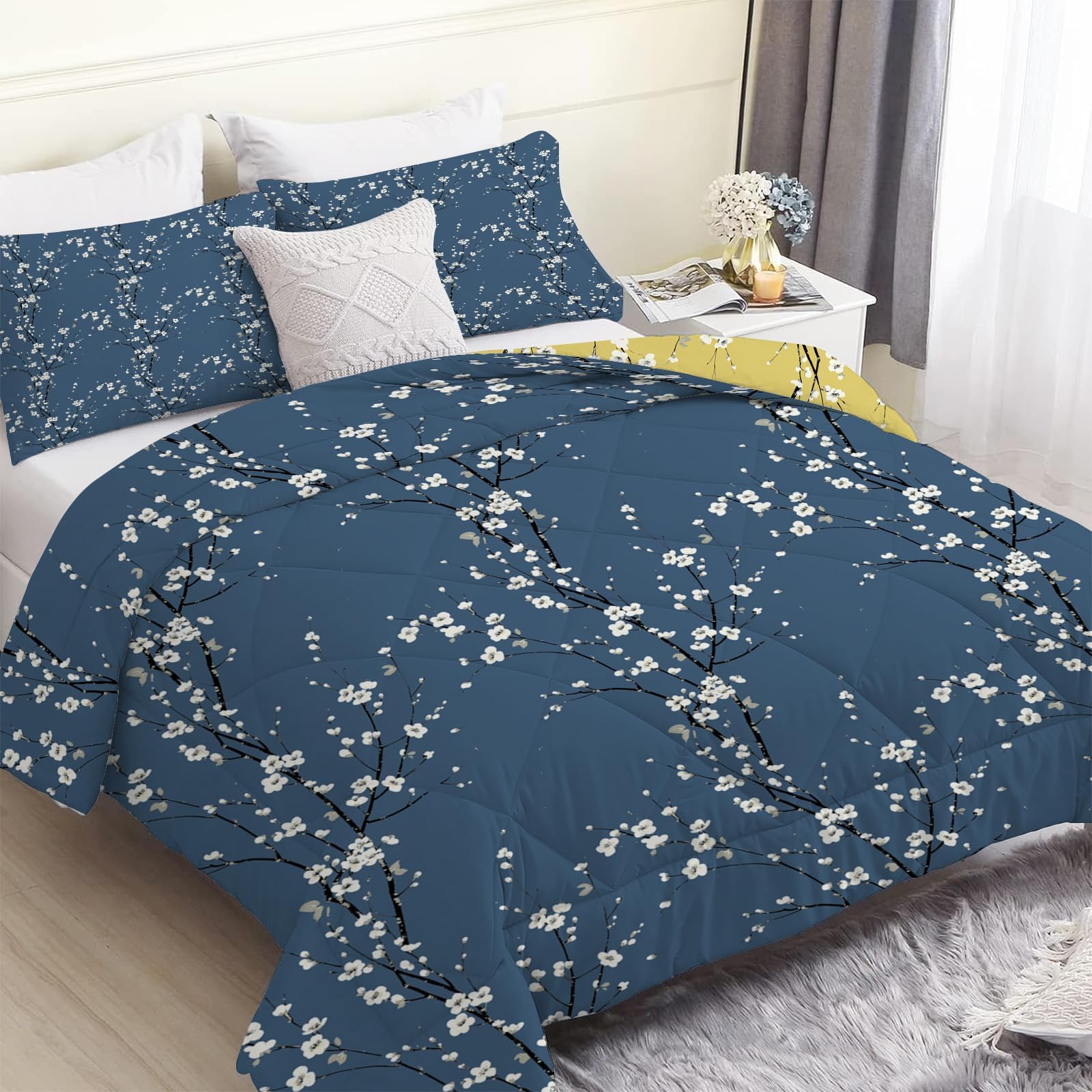 Navy Blue Plum Blossoms King Size Duvet, Reversible Coverless Yellow Branch Plants Duvet King Size, Anti Allergy Bed Quilt King 7.5 Tog for All Seasons - 1 Soft Comforter Bedding with 2 Pillowcases โ image 1