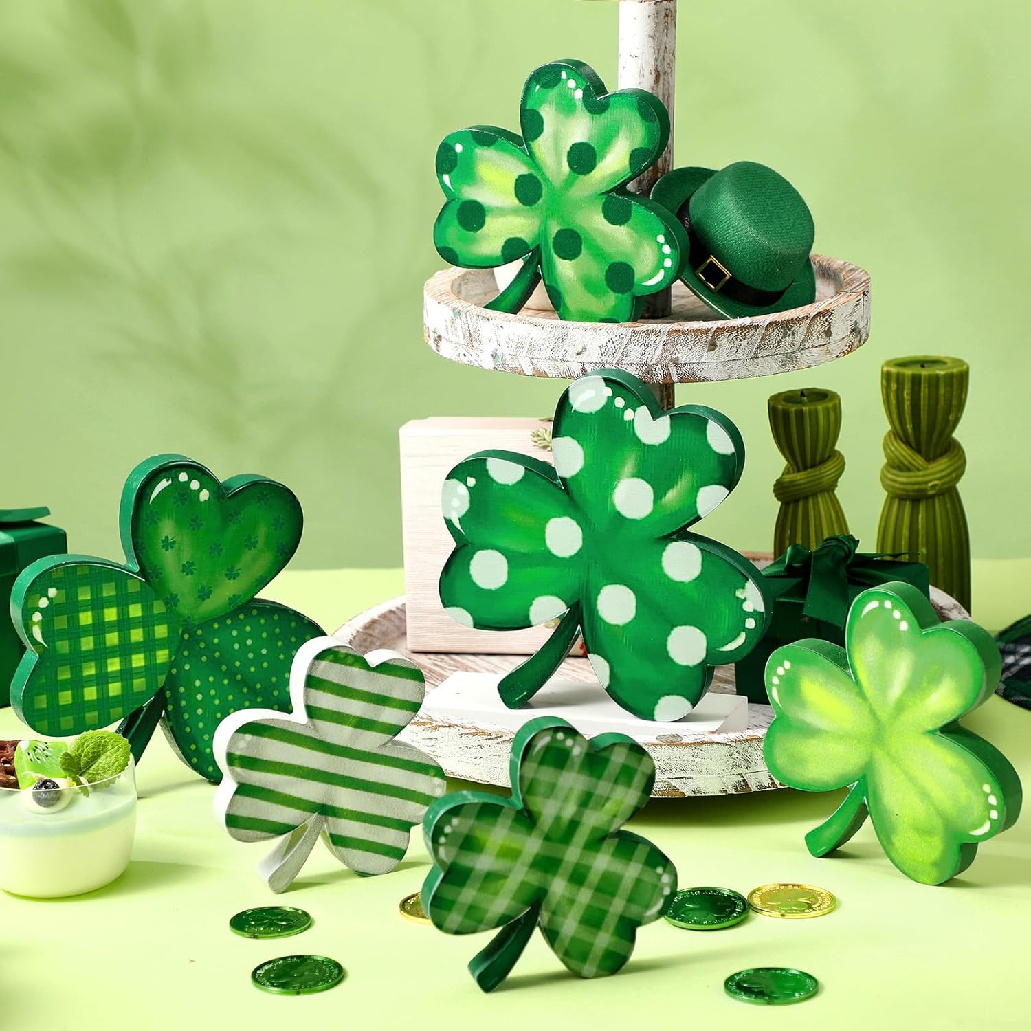 Funnymoom 6 Pcs St Patricks Day Decorations Lucky Shamrock Wooden Sign St. Patrick's Day Table Decoration Green Shamrock Tiered Tray Decor Irish Clover Centerpiece for Home Office Desk Shelf