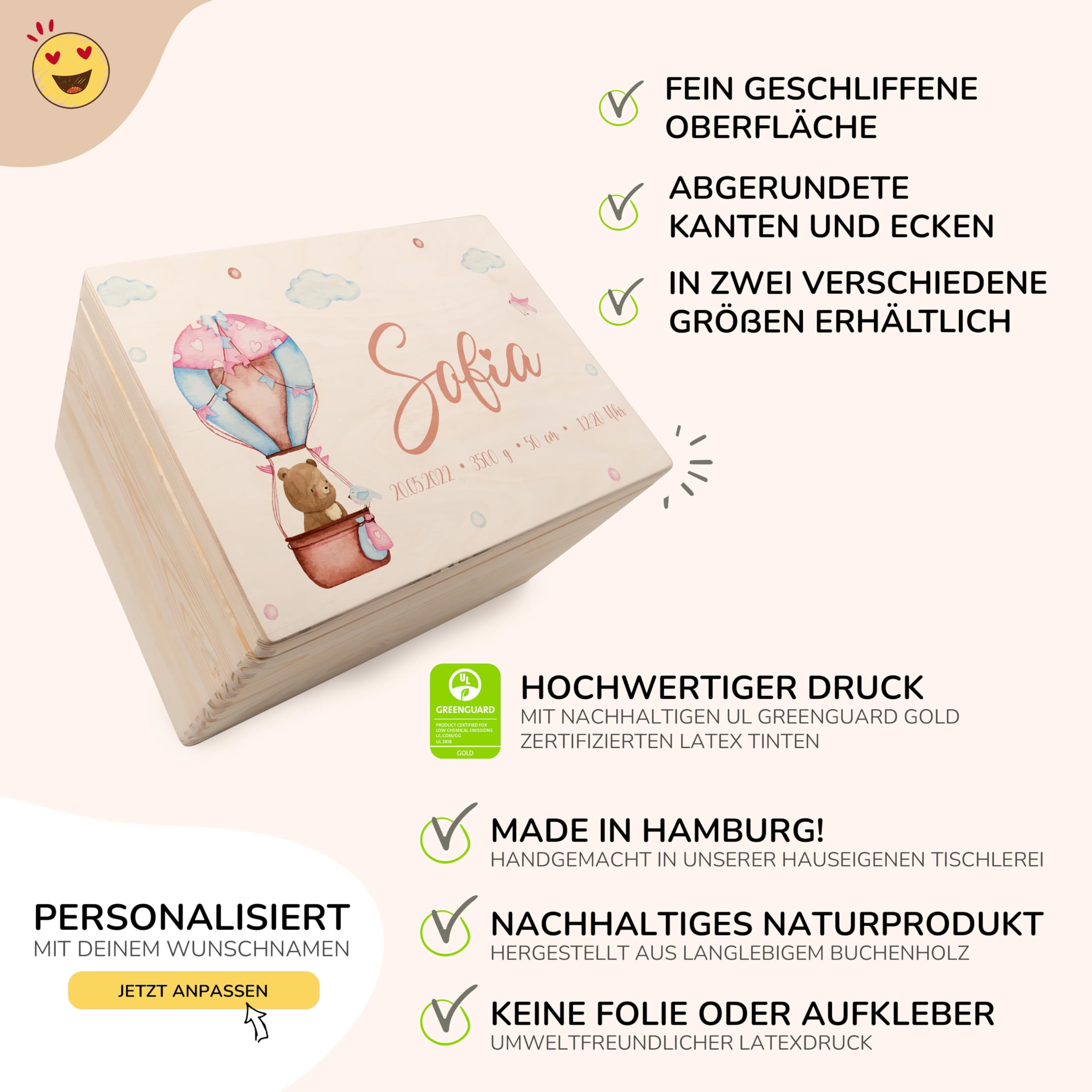 KIDSMOOD - Erinnerungsbox Baby, personalisierte Holzkiste mit Deckel, Ideal zur Aufbewahrung von Erinnerungen und als Geschenk zur Geburt, Taufe oder als Geburtstagsgeschenk für Mädchen und Jungen