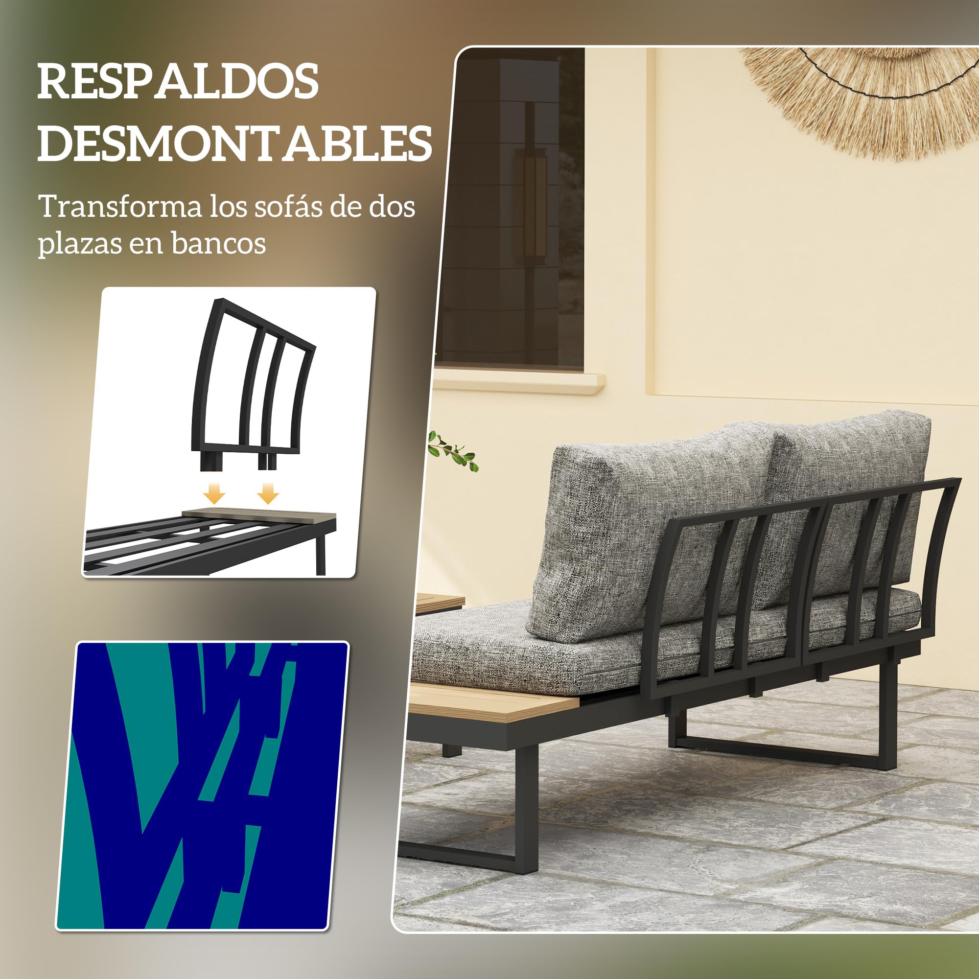 Outsunny Conjunto de Jardín Exterior de 3 Piezas Gris Claro | Sofá Exterior Seccional Resistente con Estructura de Aluminio, 2 Sofás de 2 Plazas, Mesa de Centro Versátil, Cojines
