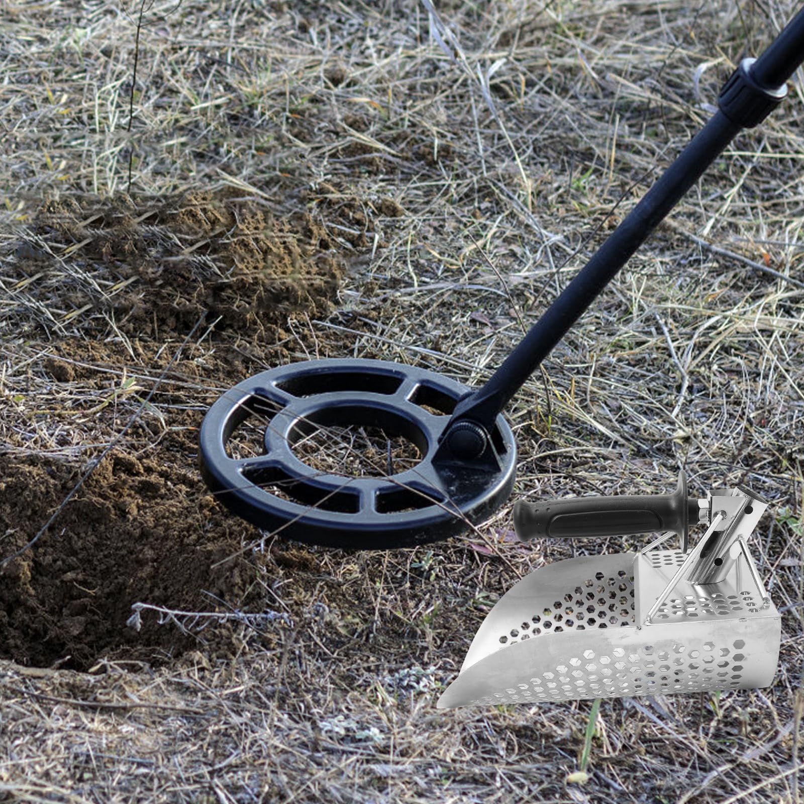 Setaccio per Sabbia in Acciaio Inox e Paletta Ergonomica per Metal Detector, per Ricerca Metalli su Spiaggia e attività Outdoor in Fiumi e Laghi