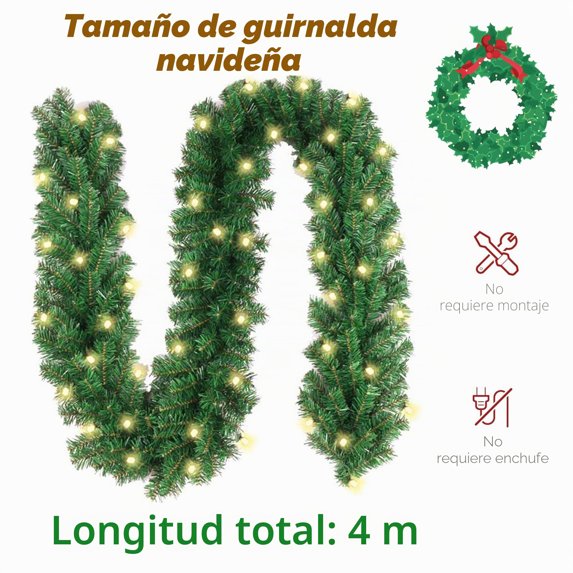 Guirnalda Luces de Navidad, 4M 80LED Artificial, PVC Guirnalda de Abeto Guirnalda de Pino, Navidad Decoradas al Aire Libre de Interior para la Fiesta de Chimenea Escalera