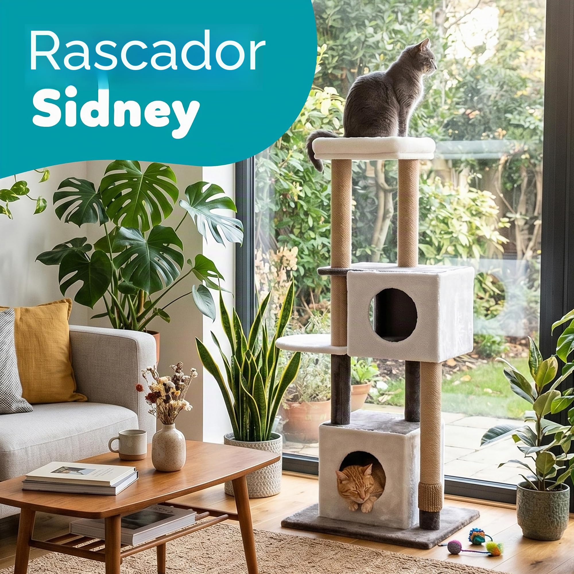 Aqpet Rascador XXL 140 cm de Cuerda de sisal con Doble caseta y Plataforma para el máximo Disfrute de su Gato