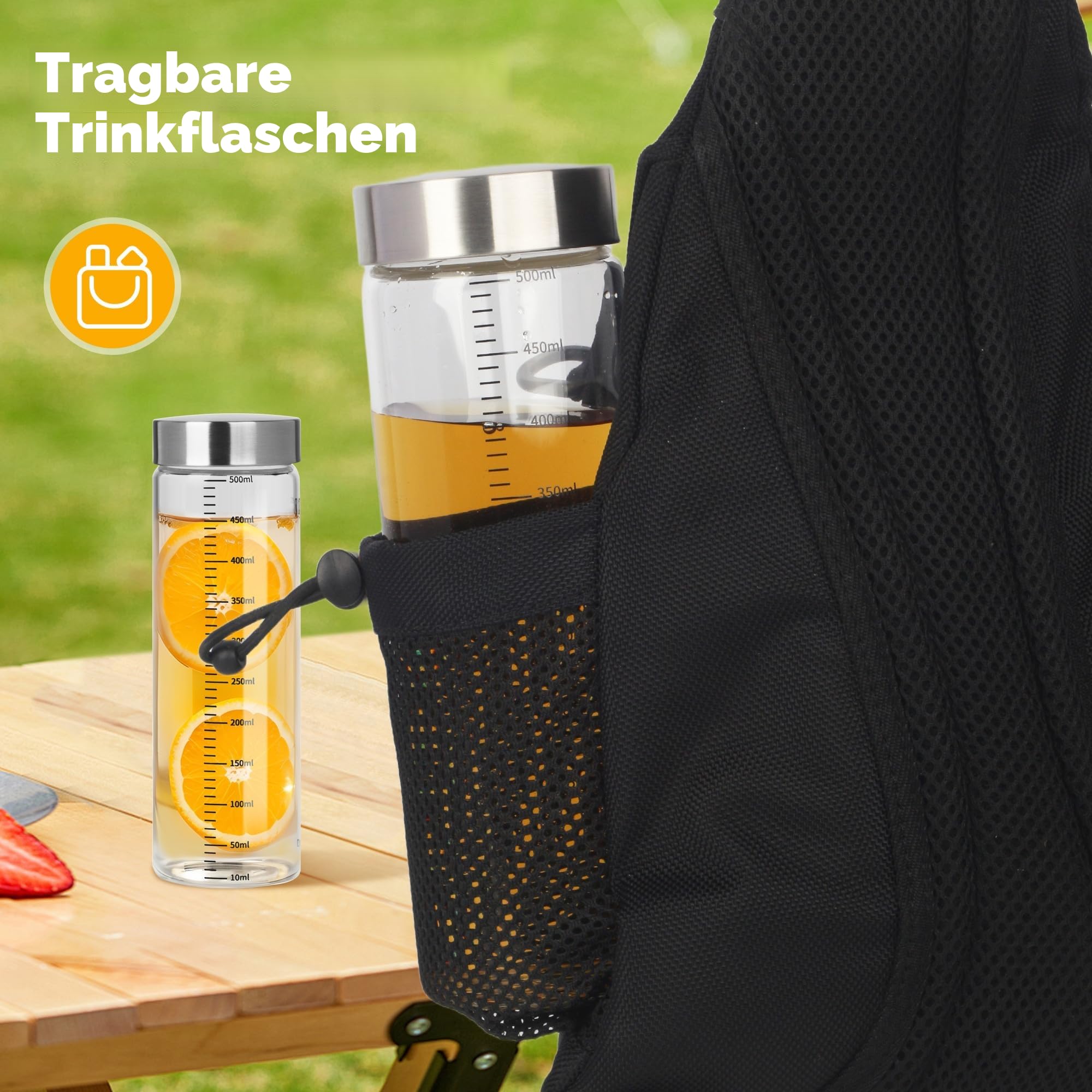 4er Glasflaschen 500ml mit Edelstahl Deckel,Smoothie Gläser Sets mit Messskala,Wiederverwendbar Glaswasserflasche,Smoothie Becher to go für Säfte, Smoothies, Kaffee, Milch, Tee (500ML)