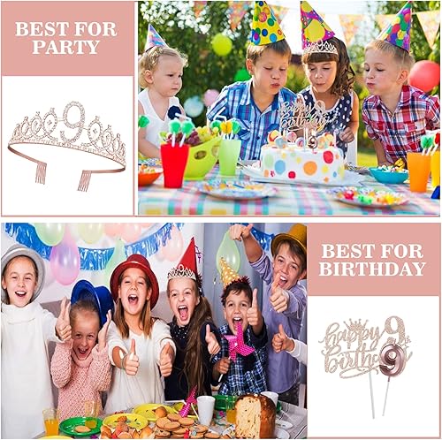 Miniatura 6 de Decoraciones de 9 cumpleaños para niña, incluye banda de cumpleaños de 9 años, corona de cumpleaños para niñas, vela del número 9 y adorno para