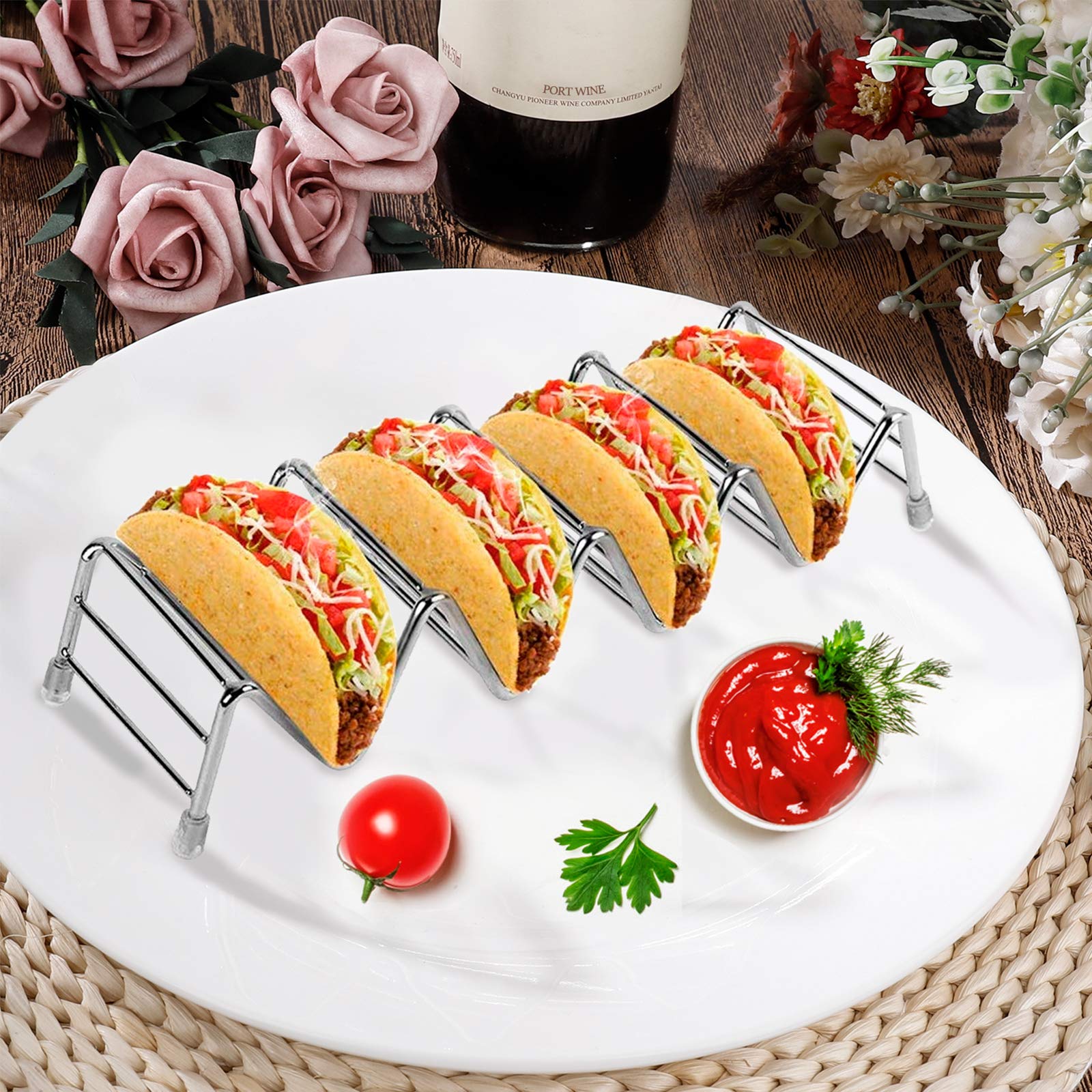 Soporte de taco, acero inoxidable, 4 bolsillos, taco, forma de onda, herramientas para utensilios de cocina, para duros, blandos, cáscara, 2 piezas