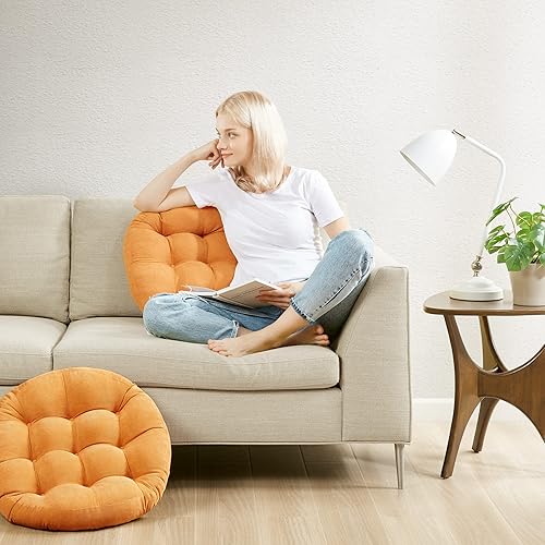 Miniatura 5 de Juego de 2 almohadas redondas grandes para adultos, cojines de piso de pana copetuda para sala de estar, tatami, amarillo naranja y amarillo, 22