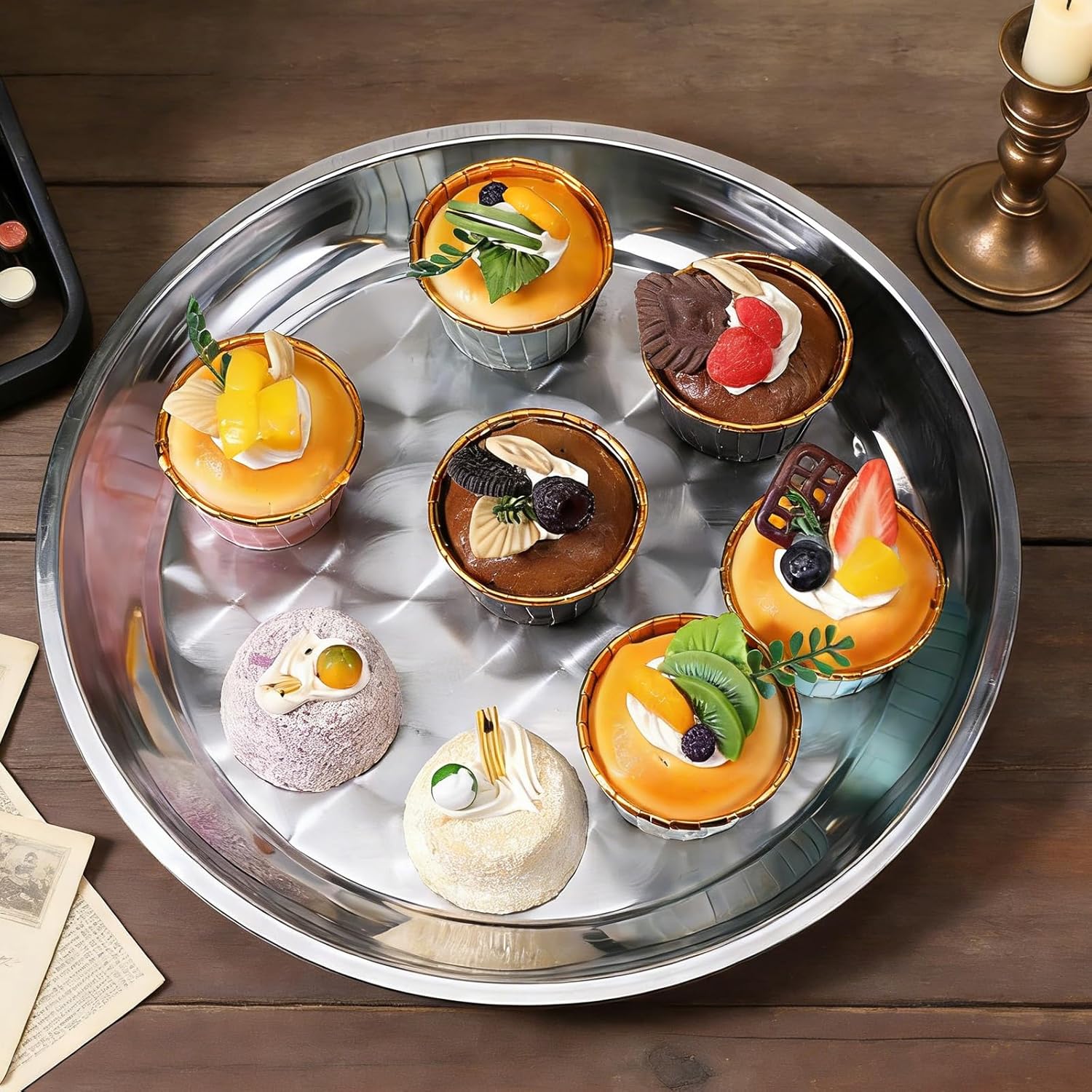 10 Pack Stainless Steel Silver Serving Tray, 12 Inch Round Serving Bar Silver Serving Platter Sturdy Metal Display Tray for Coffee Table Party Club Home