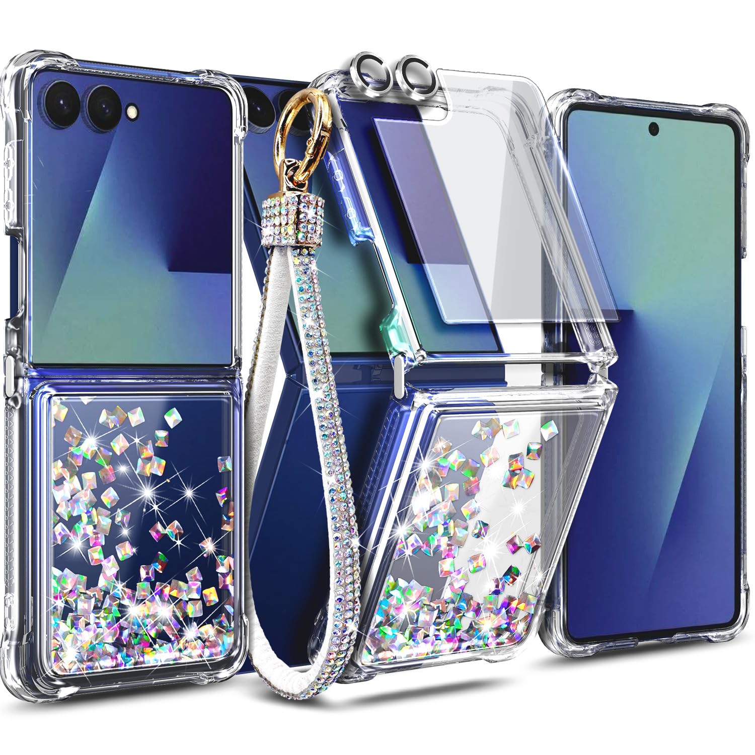 NGB - Custodia per Galaxy Z Flip 8, con cristalli liquidi glitterati | Compatibile con Samsung Galaxy Z Flip 8, pellicola salvaschermo in vetro temperato e cinturino da polso inclusi