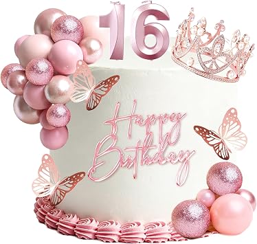 16th Birthday Cake Topper Set, Rose Gold Balls Cake Toppers with Happy Birthday Crown Tiara, Numeral 16 Candle and Birthday Candles for Sweet 16 Birthday Party Decorations 16th