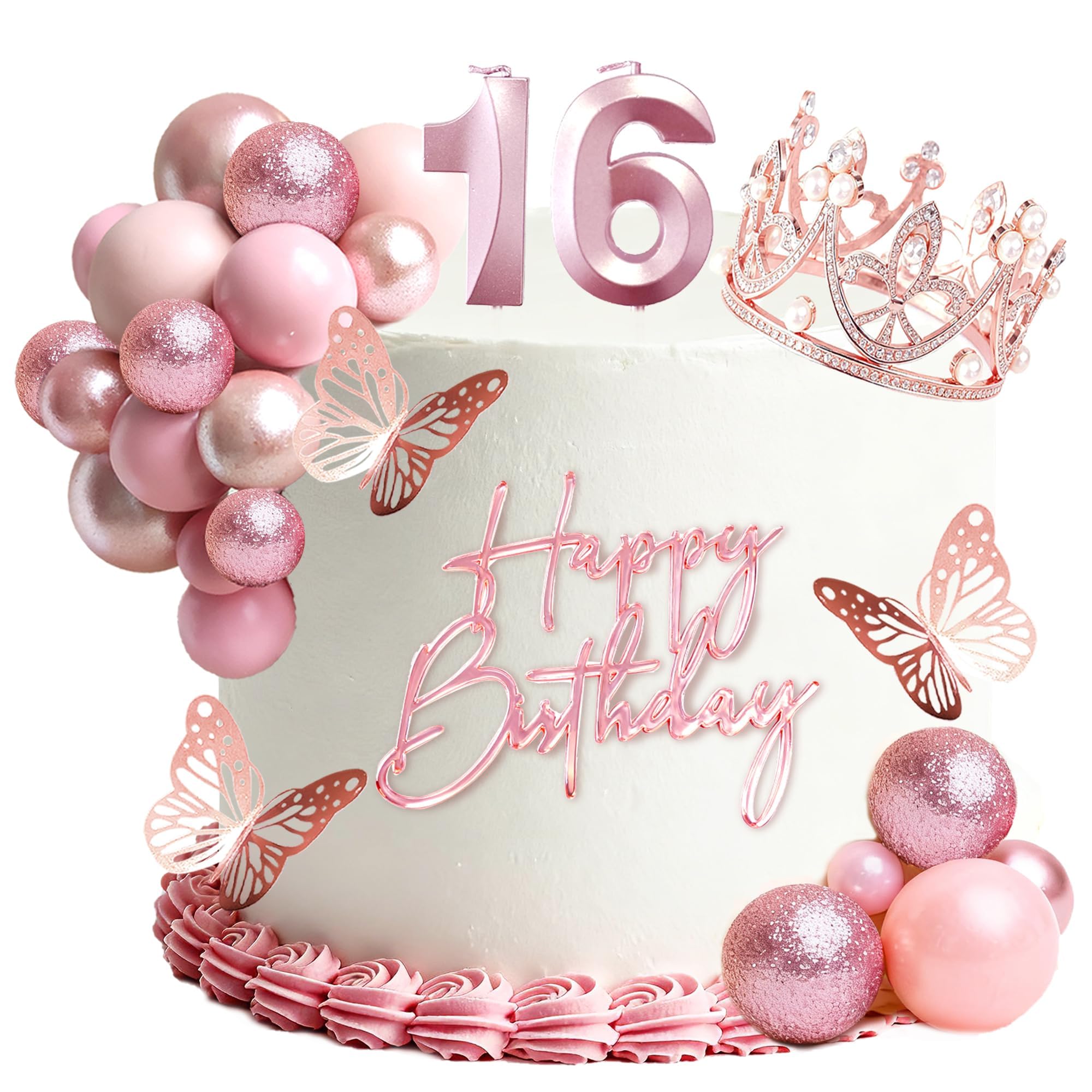 16th Birthday Cake Topper Set, Rose Gold Balls Cake Toppers with Happy Birthday Crown Tiara, Numeral 16 Candle and Birthday Candles for Sweet 16